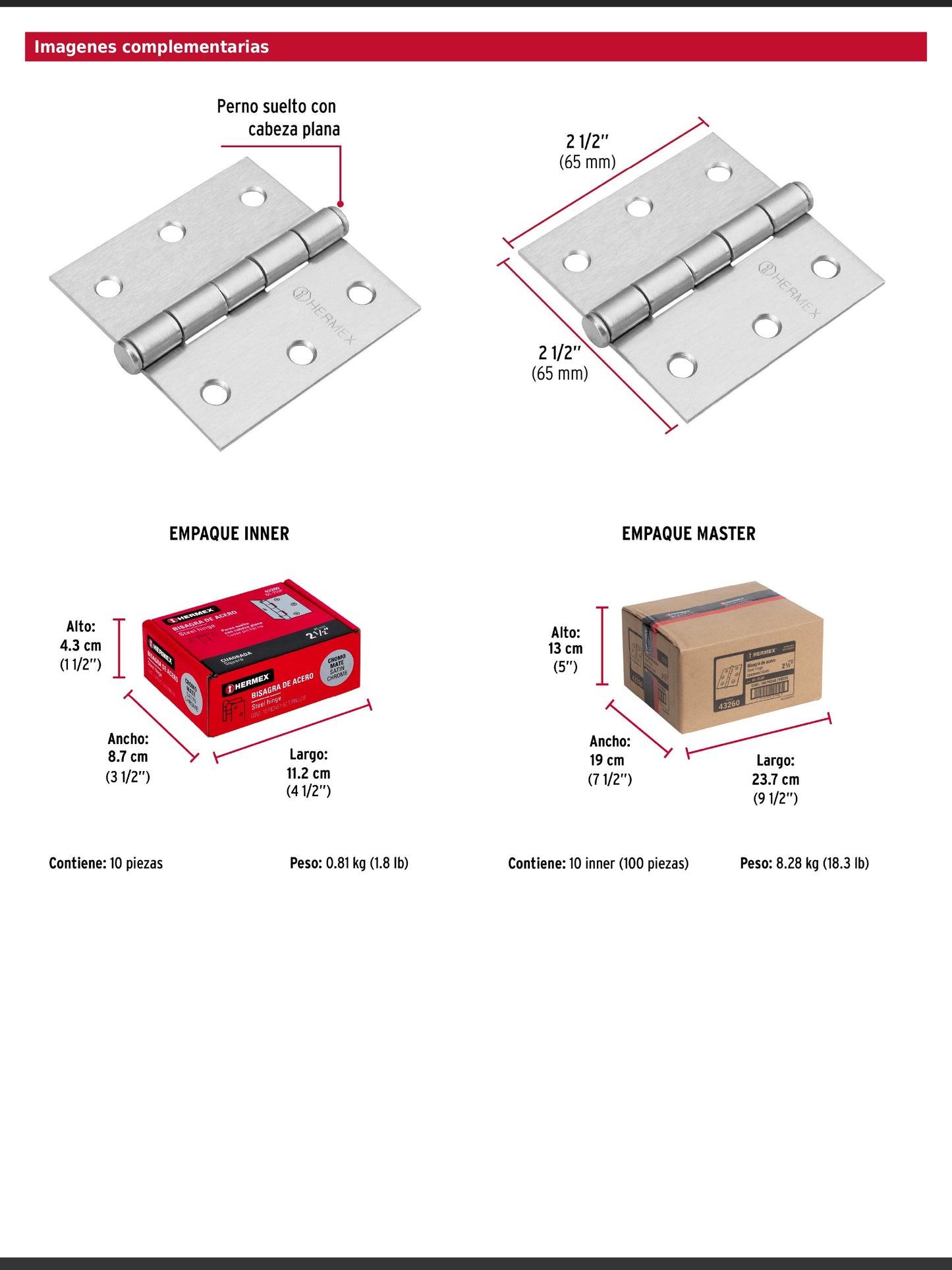 Bisagra cuadrada de acero con acabado satinado