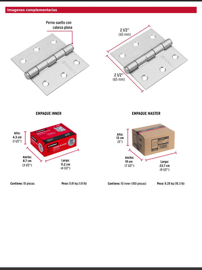 Bisagra cuadrada de acero con acabado satinado