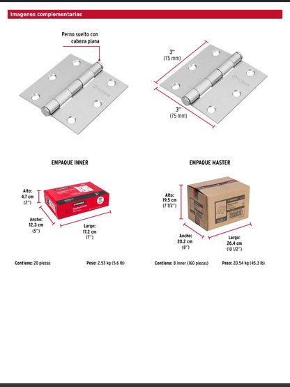 Bisagra cuadrada de acero con acabado satinado