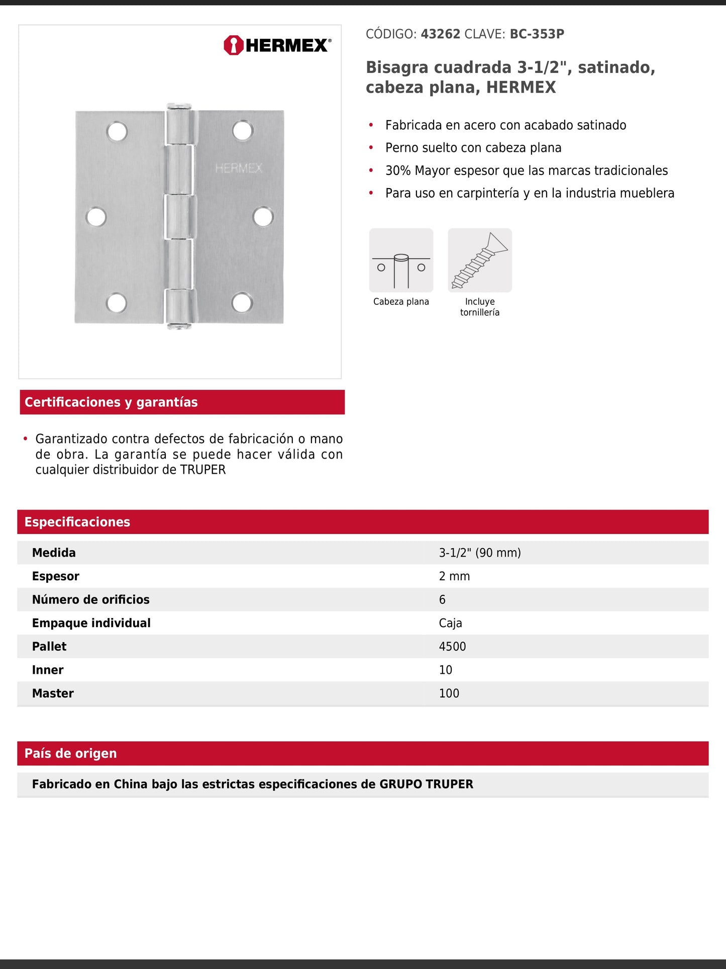 Bisagra cuadrada de acero con acabado satinado