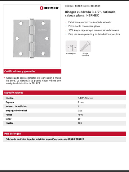 Bisagra cuadrada de acero con acabado satinado