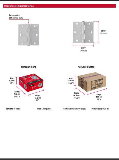 Bisagra cuadrada de acero con acabado satinado