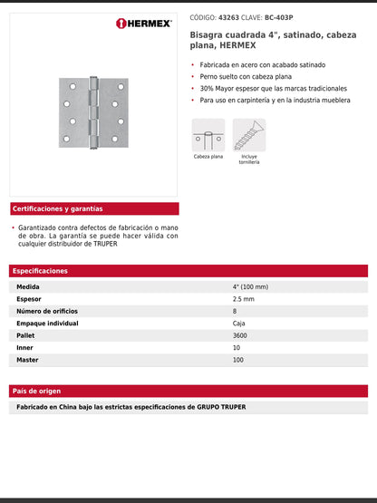 Bisagra cuadrada de acero con acabado satinado