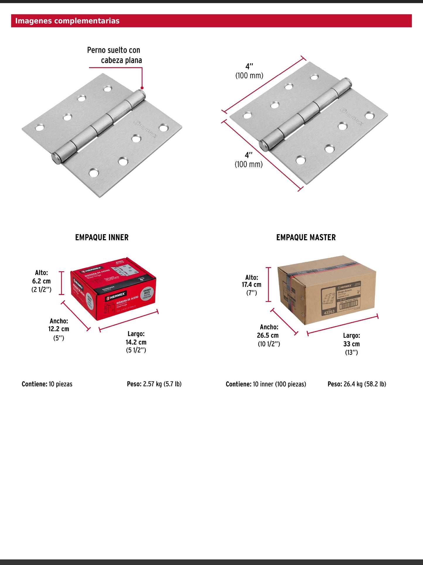 Bisagra cuadrada de acero con acabado satinado
