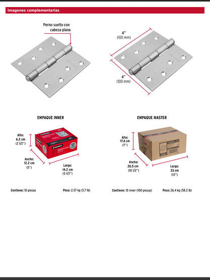 Bisagra cuadrada de acero con acabado satinado