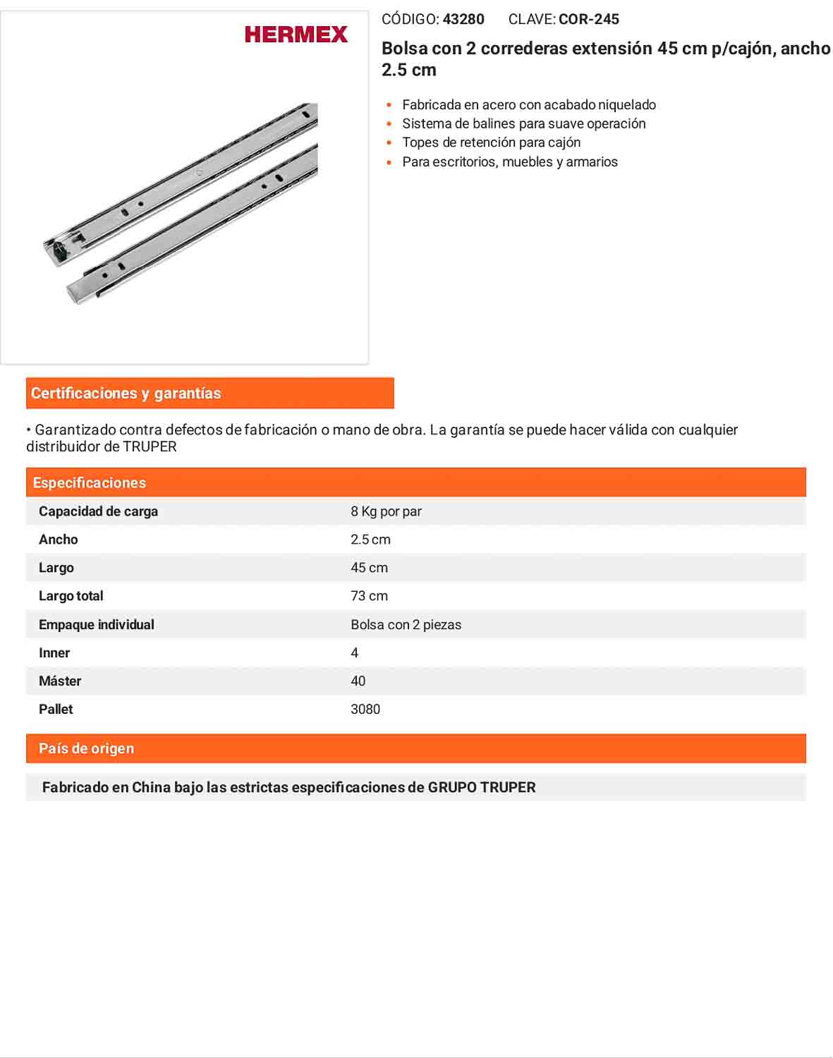Corredera extensión 45cm para cajón