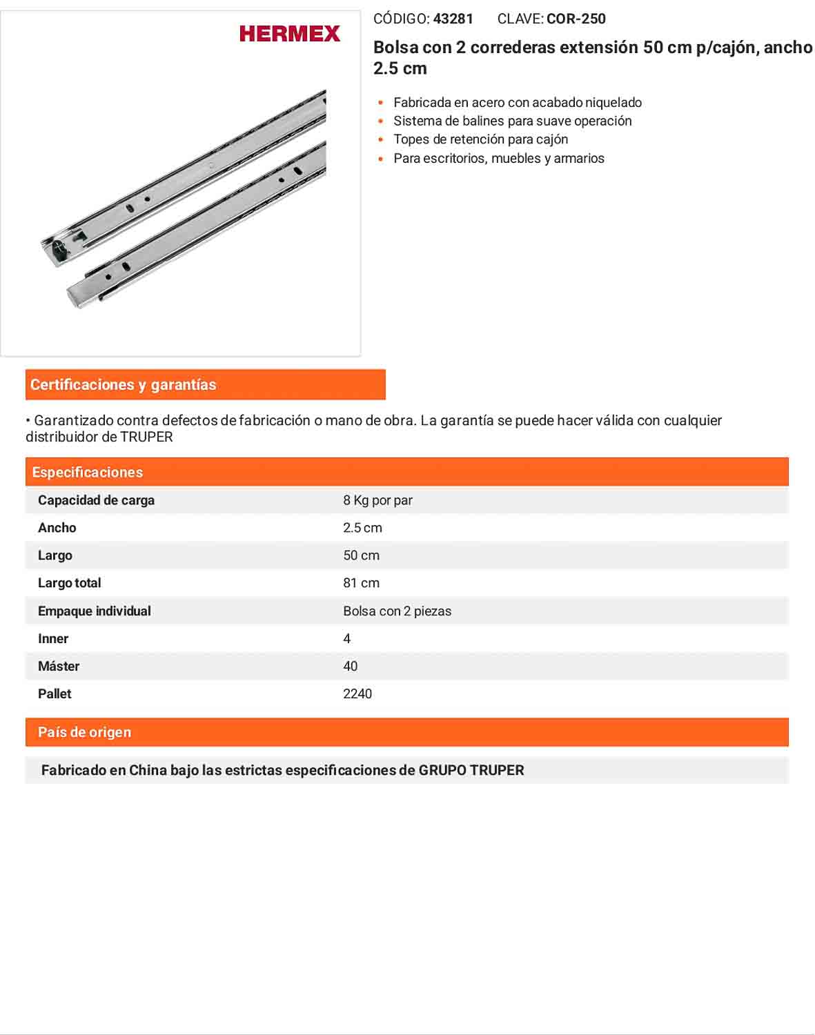 Corredera extensión 50cm para cajón