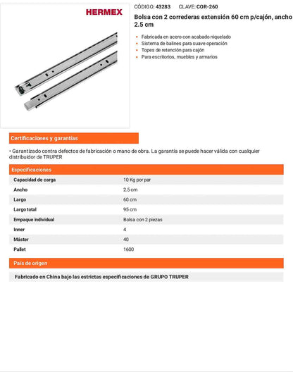 Corredera extensión 60cm para cajón