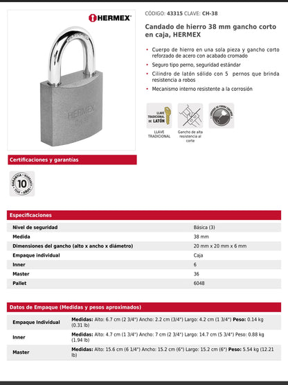 Candado de hierro de 38 mm con gancho corto