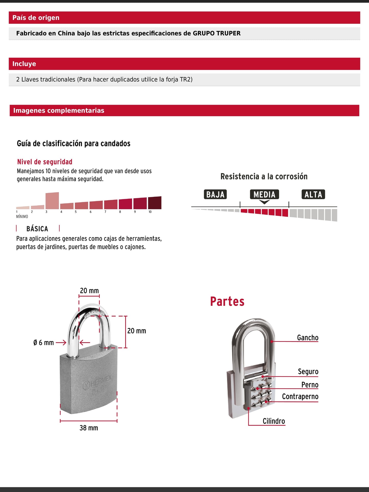 Candado de hierro de 38 mm con gancho corto