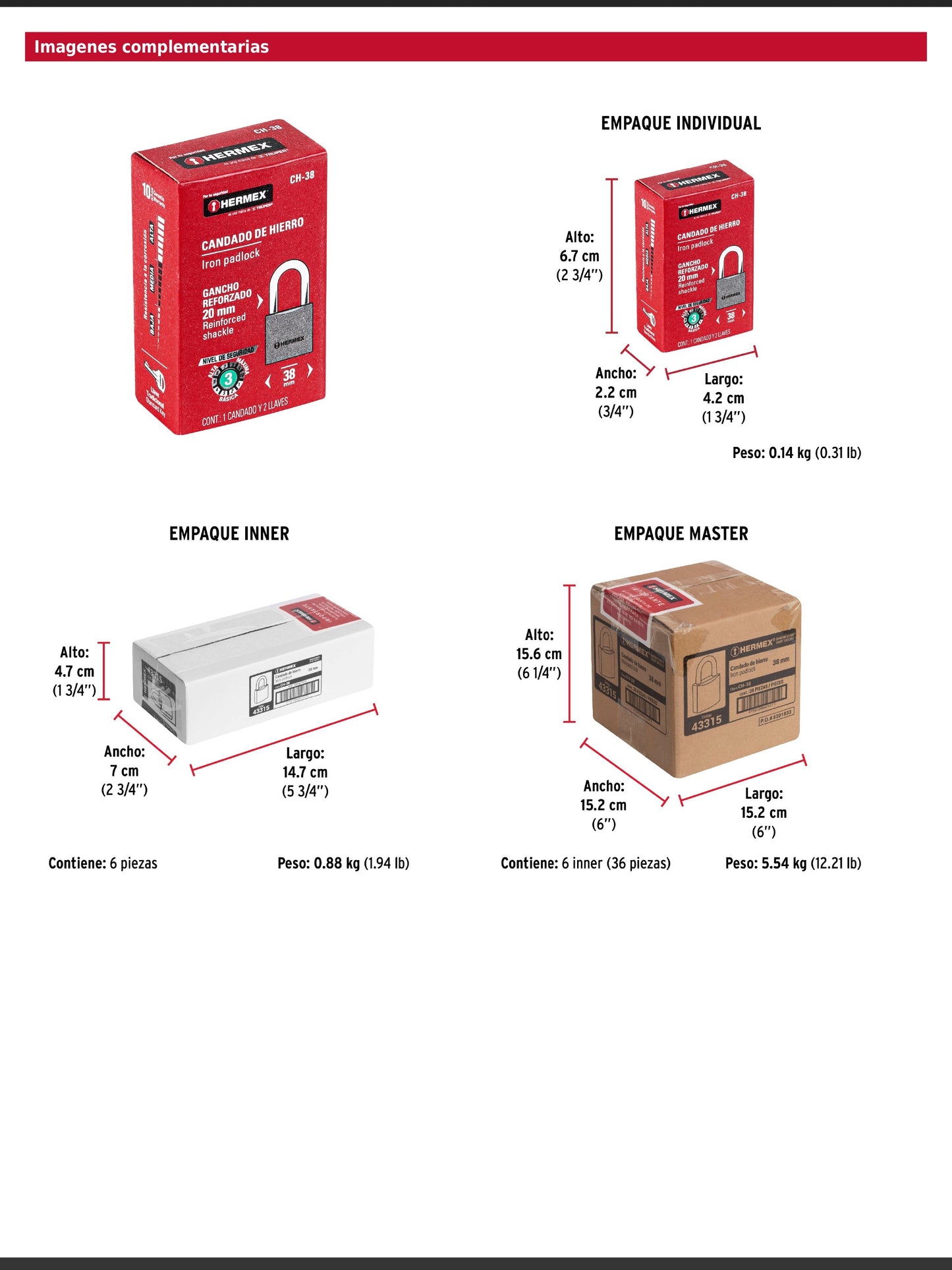 Candado de hierro de 38 mm con gancho corto