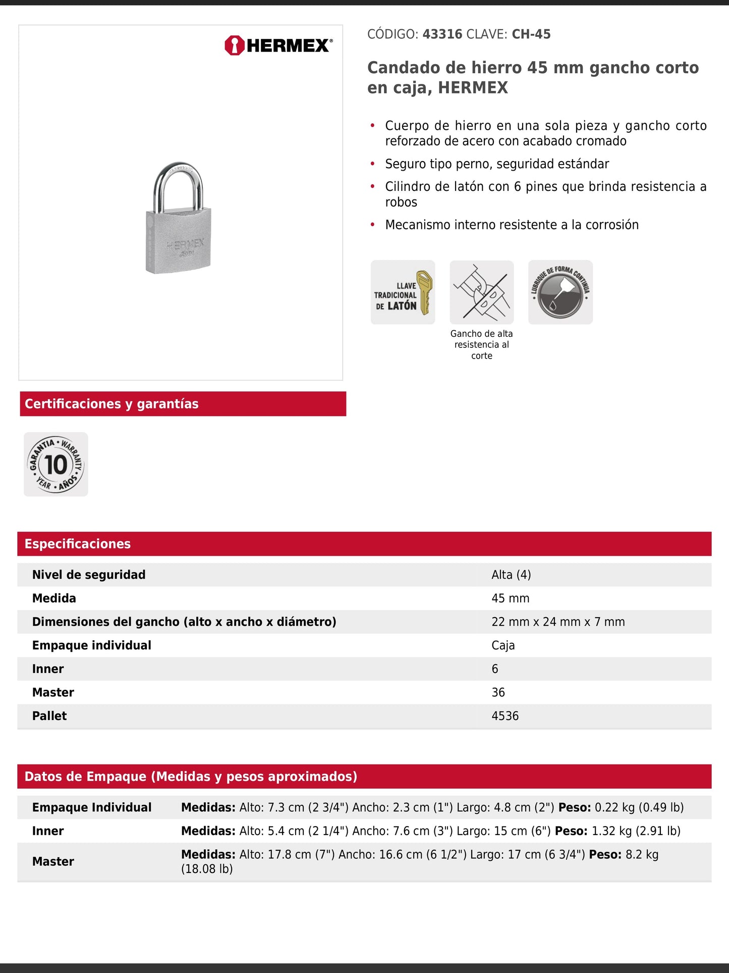 Candado de hierro de 45 mm con gancho corto