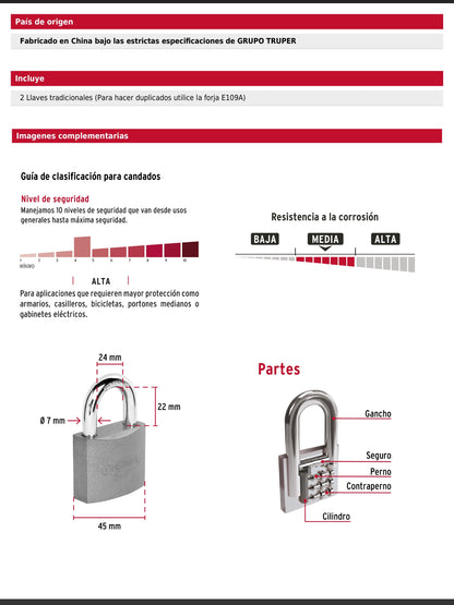 Candado de hierro de 45 mm con gancho corto