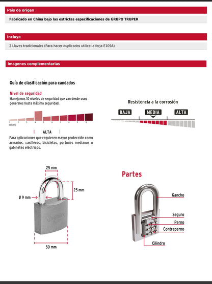 Candado de hierro de 50 mm con gancho corto