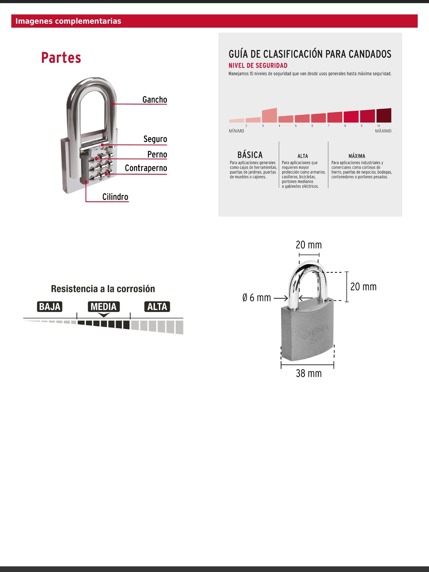 Candado de hierro de 38 mm con gancho corto