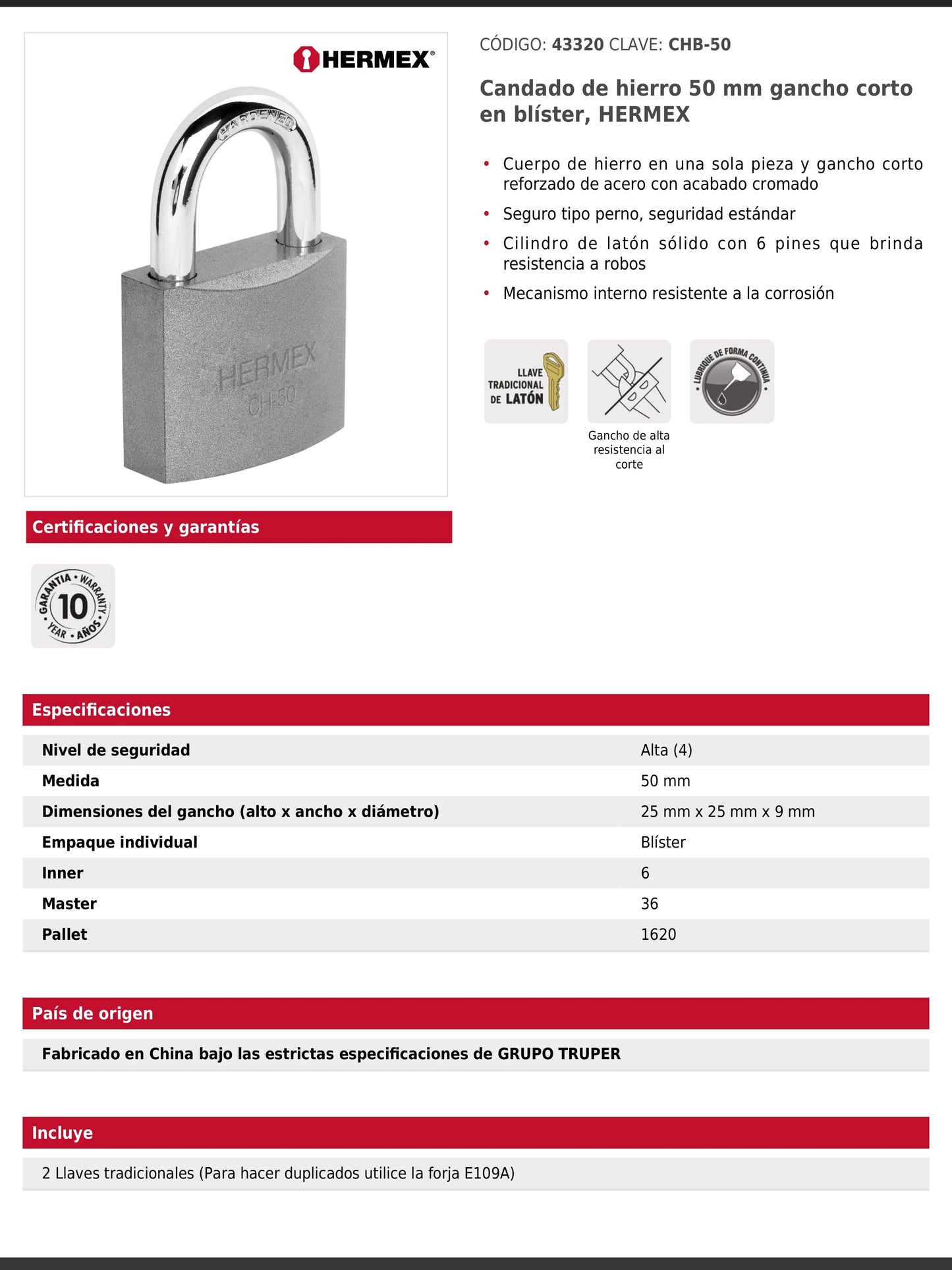 Candado de hierro de 50 mm con gancho corto