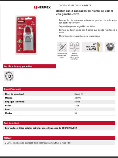 Blíster con 2 candados de hierro de 38 mm con gancho corto