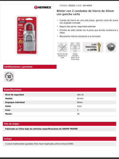 Blíster con 2 candados de hierro de 45 mm con gancho corto