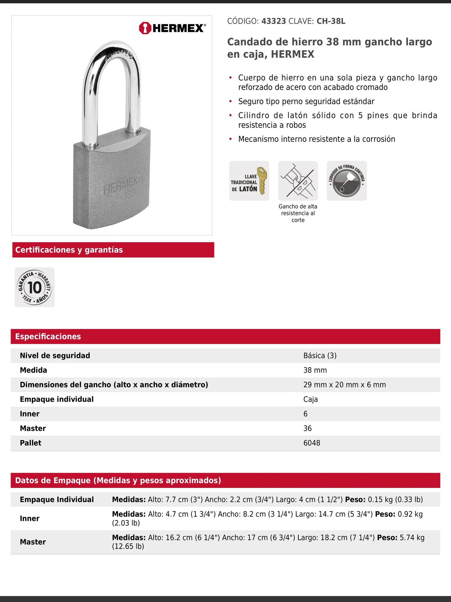 Candado de hierro de 38 mm con gancho largo