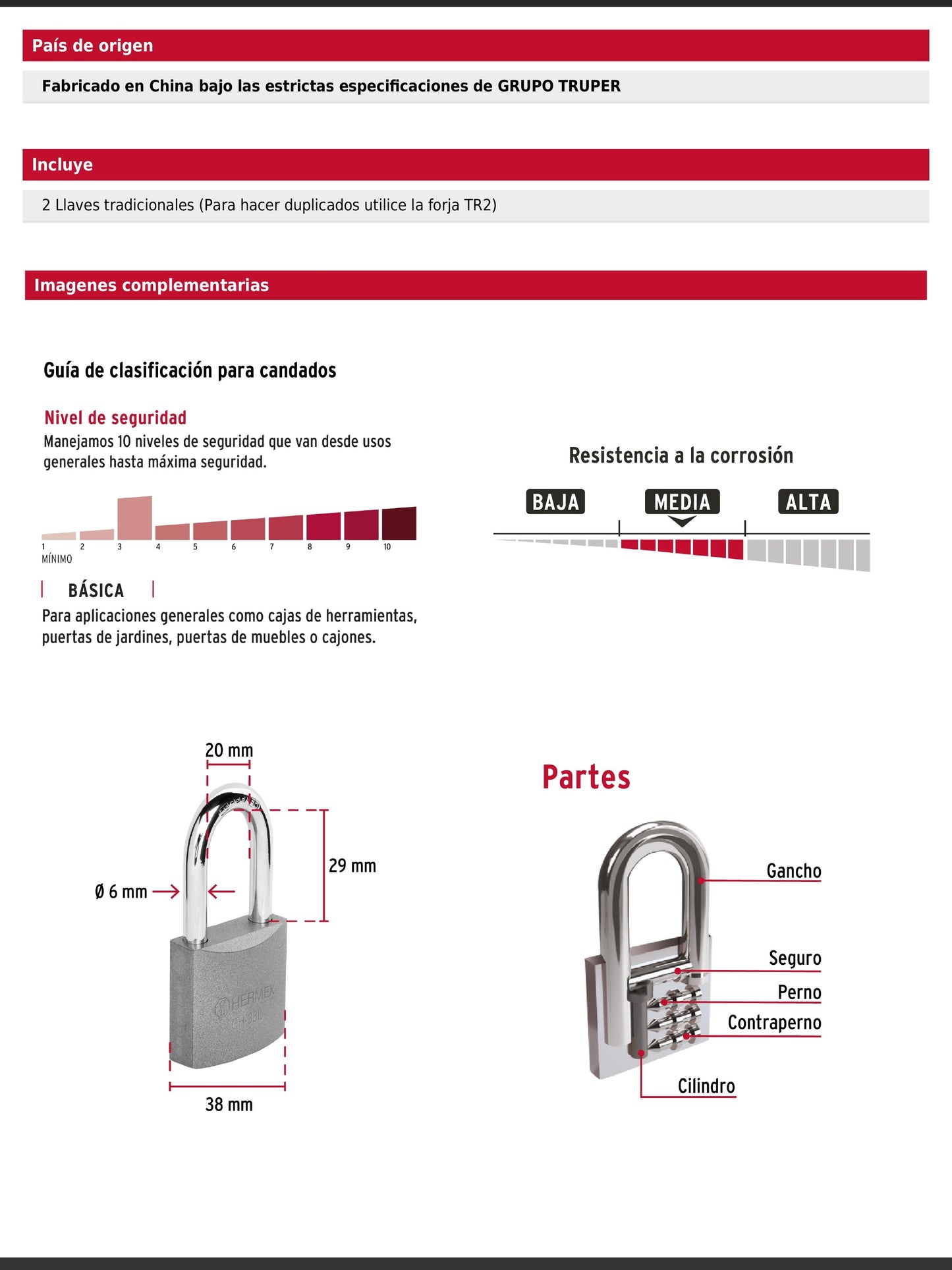 Candado de hierro de 38 mm con gancho largo