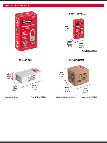 Candado de hierro de 38 mm con gancho largo
