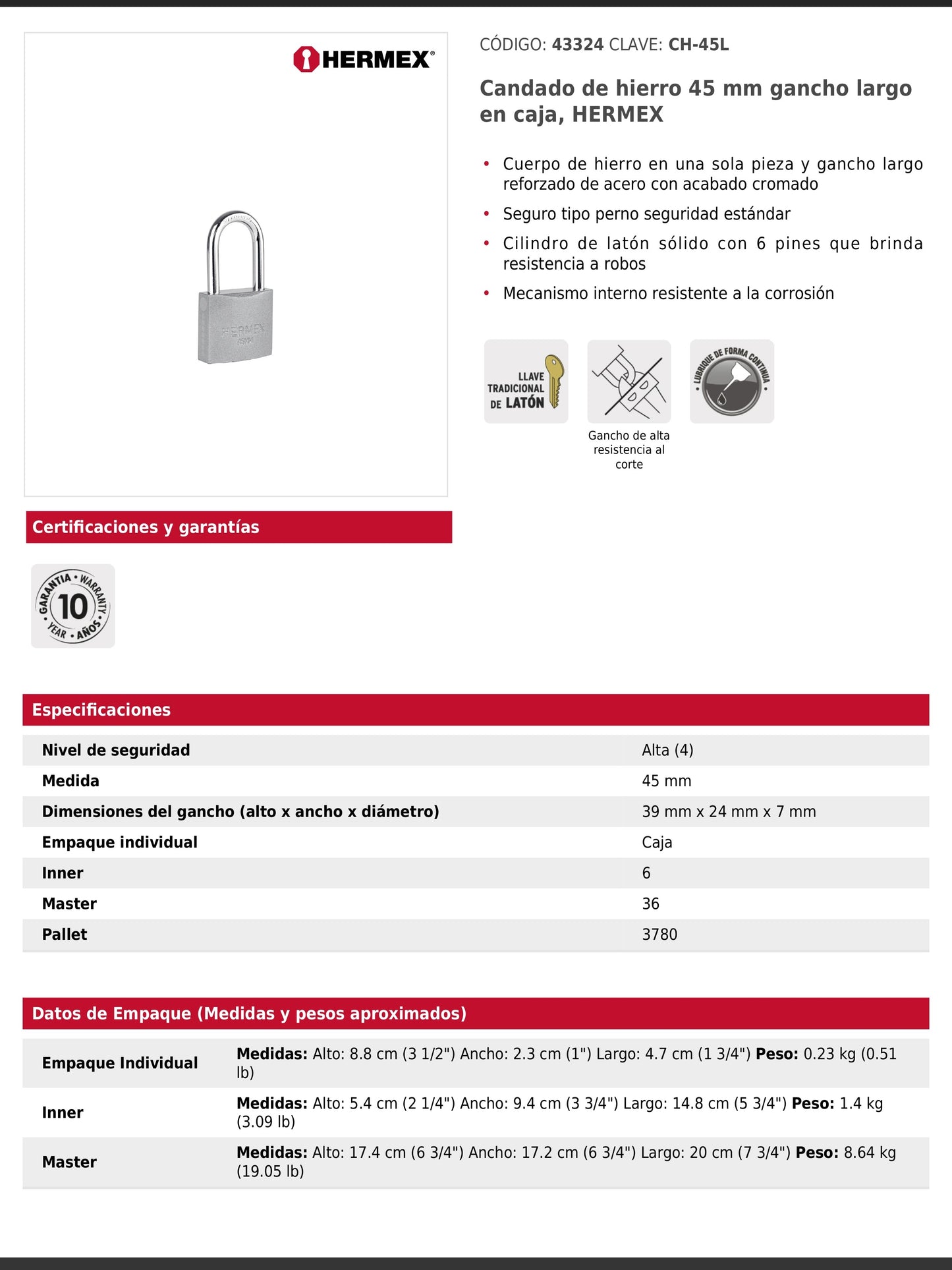 Candado de hierro de 45 mm con gancho largo