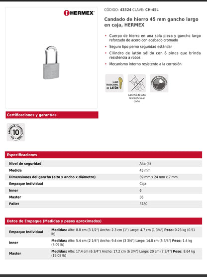 Candado de hierro de 45 mm con gancho largo