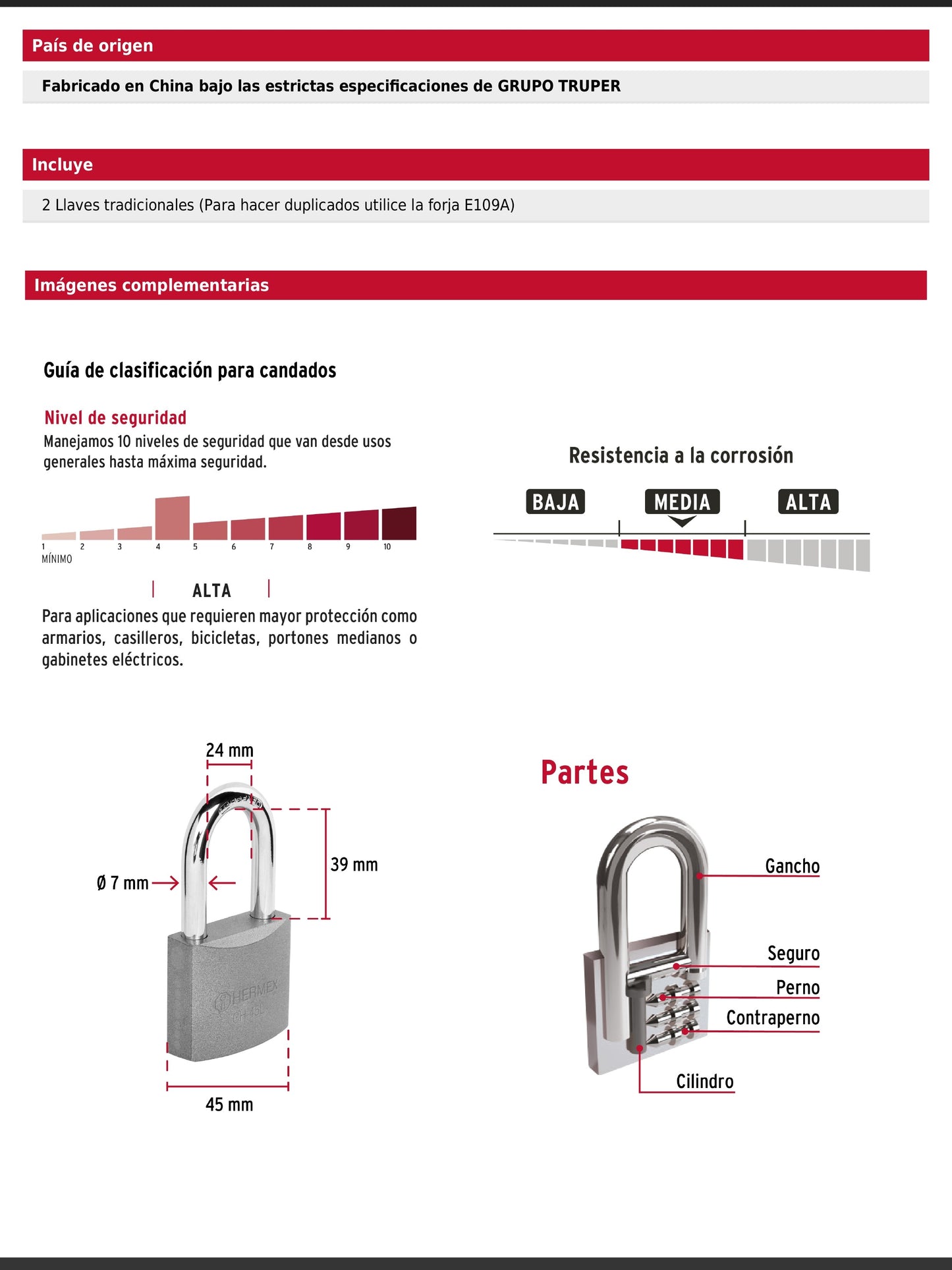 Candado de hierro de 45 mm con gancho largo