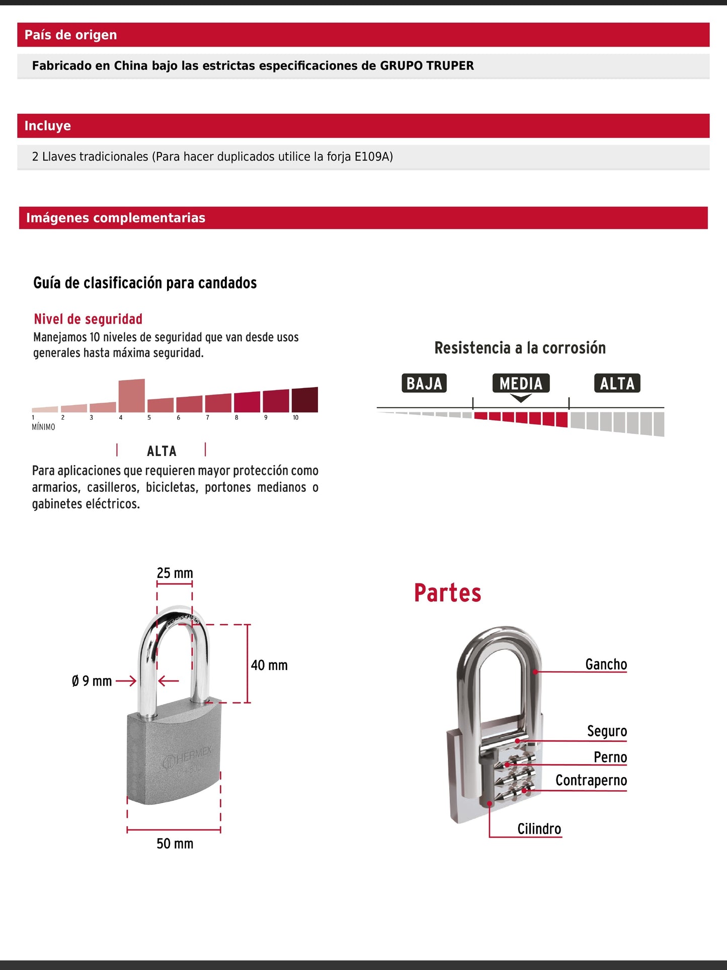 Candado de hierro de 50 mm con gancho largo