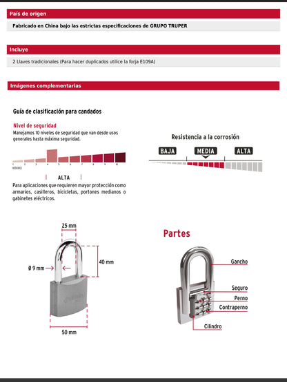 Candado de hierro de 50 mm con gancho largo