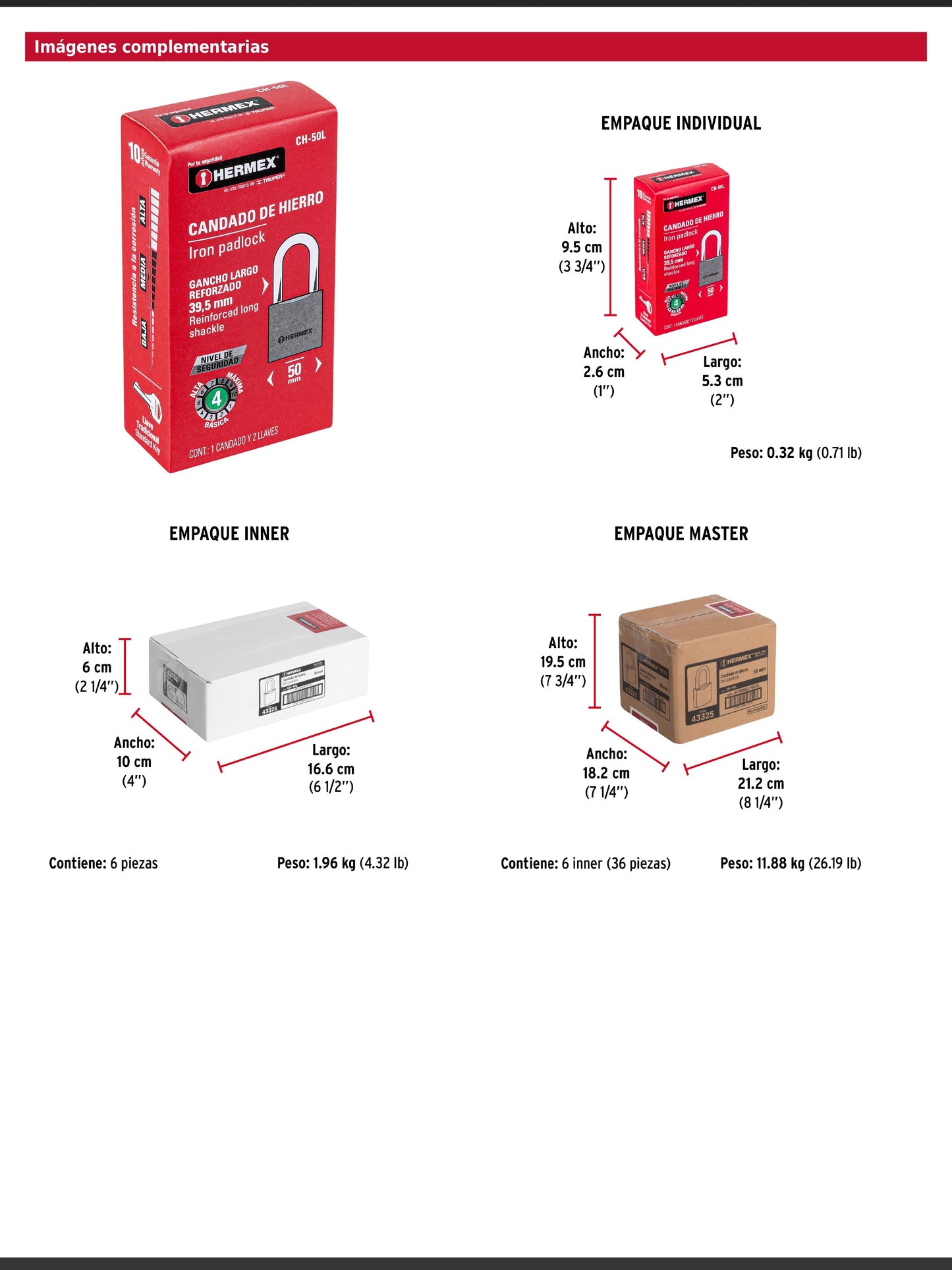 Candado de hierro de 50 mm con gancho largo