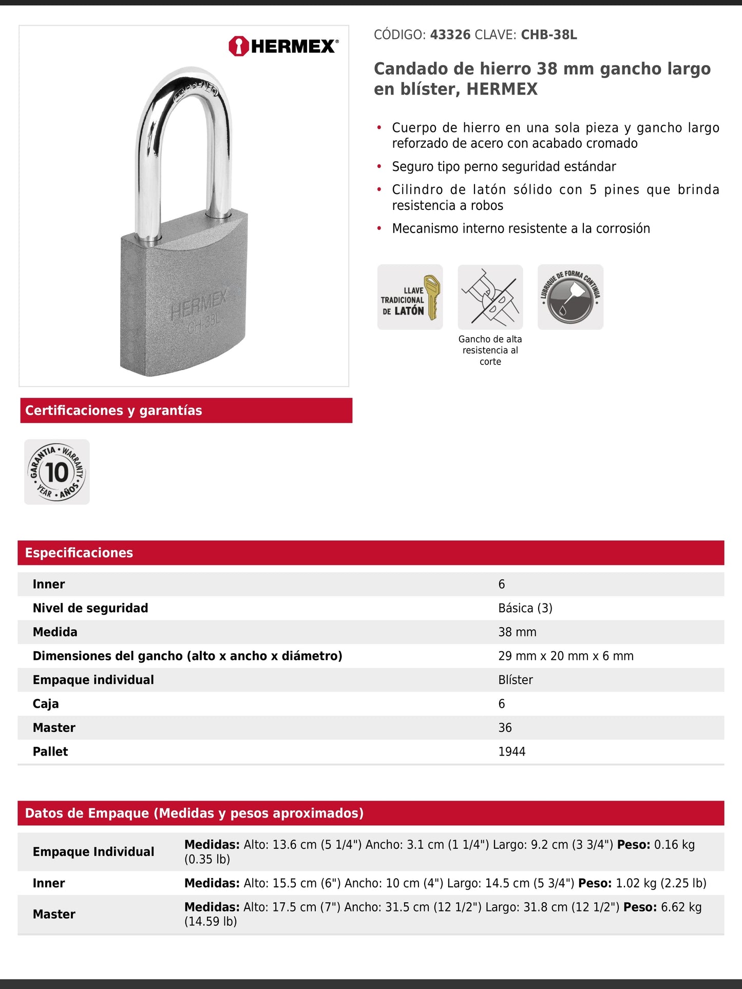Candado de hierro de 38 mm con gancho largo