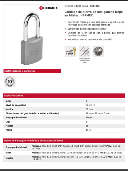 Candado de hierro de 38 mm con gancho largo