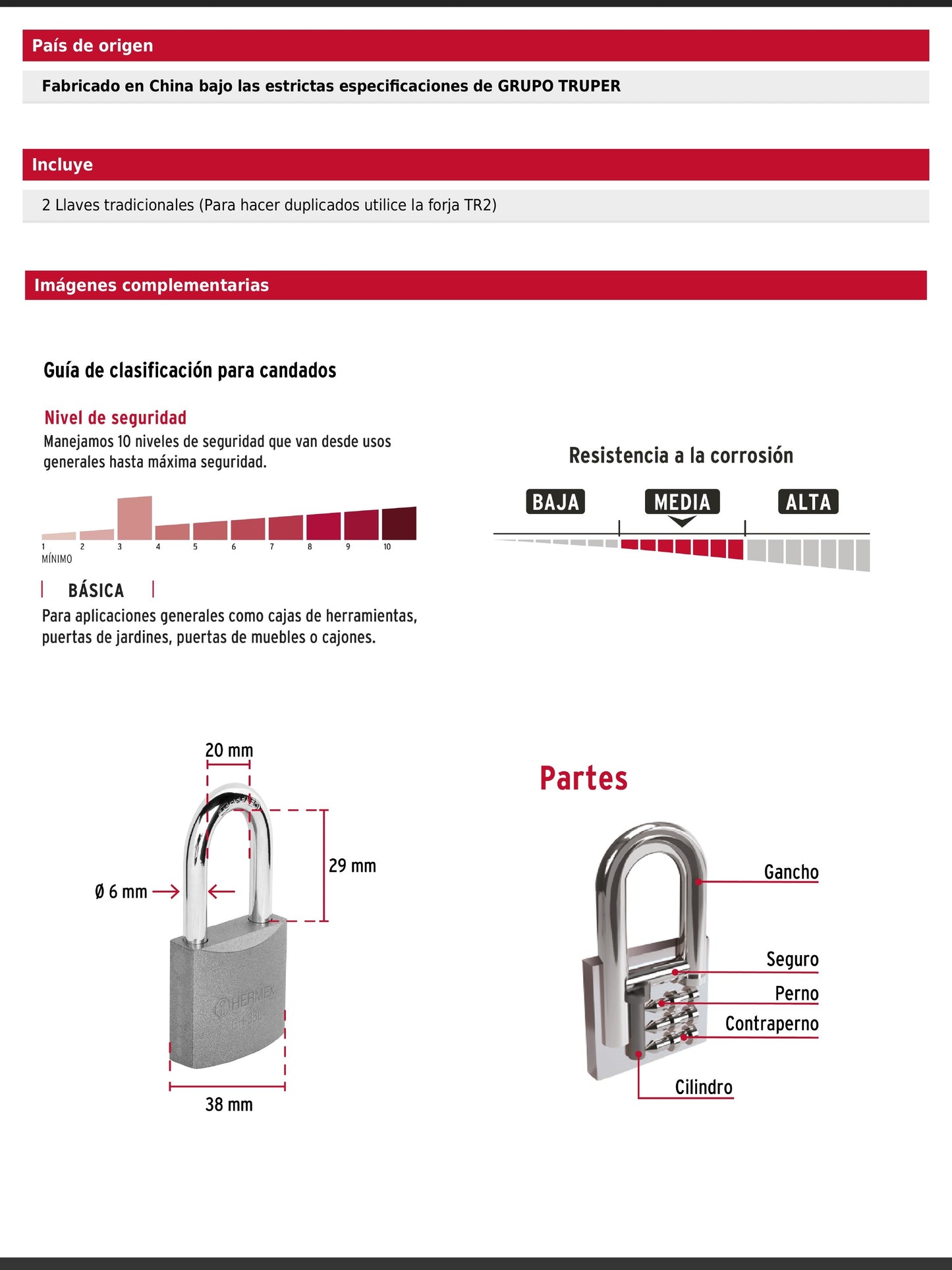 Candado de hierro de 38 mm con gancho largo