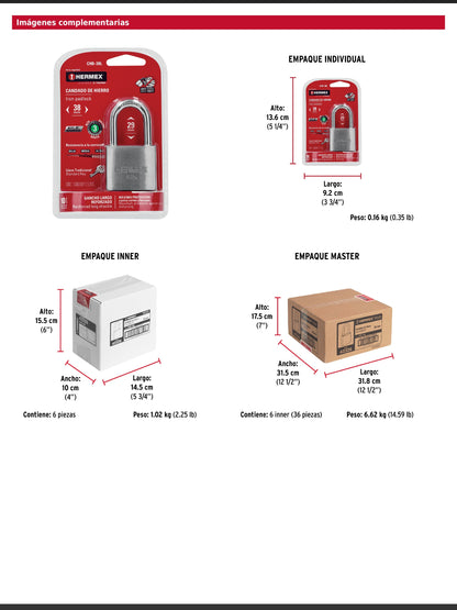 Candado de hierro de 38 mm con gancho largo