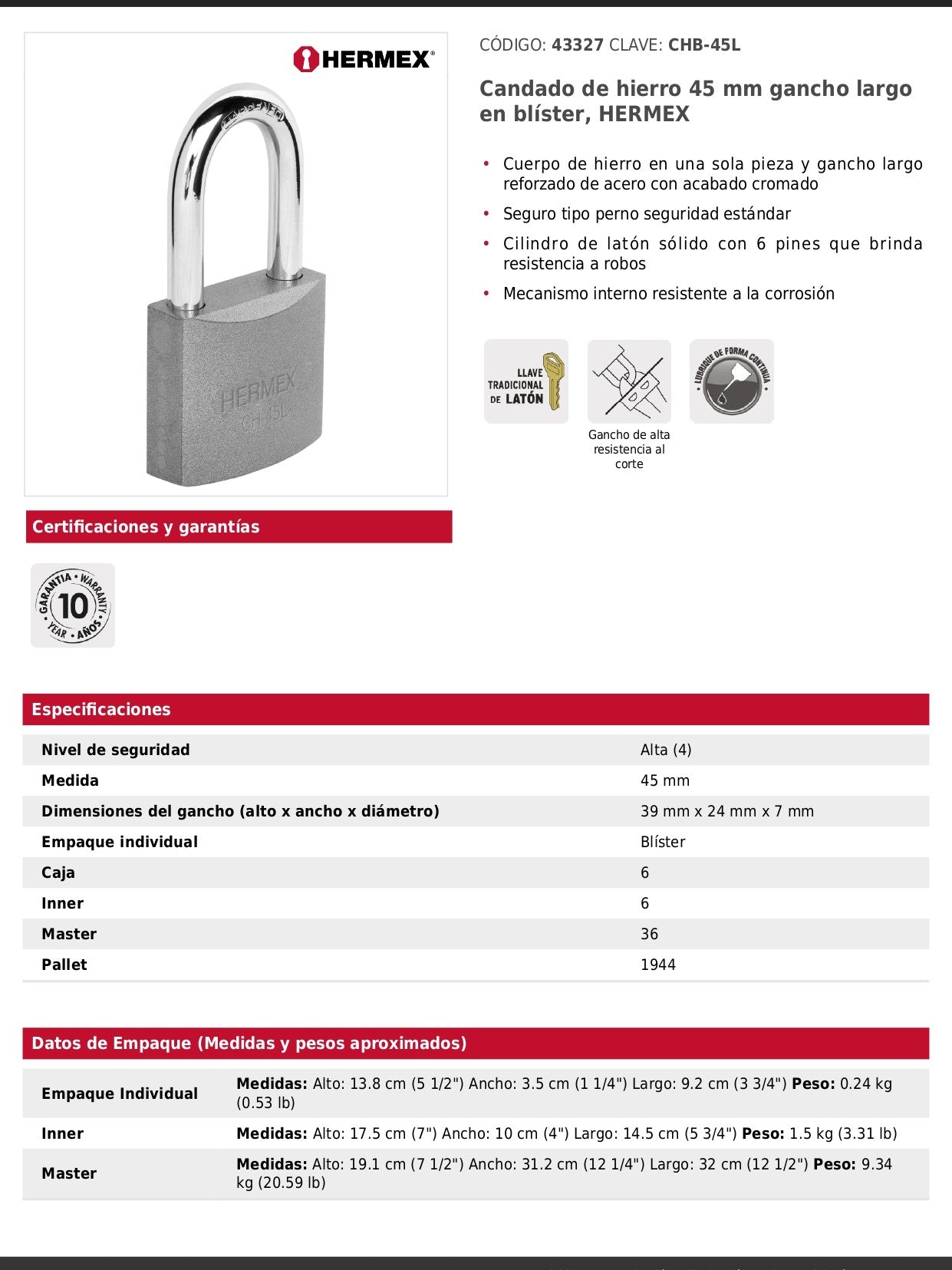 Candado de hierro de 45 mm con gancho largo