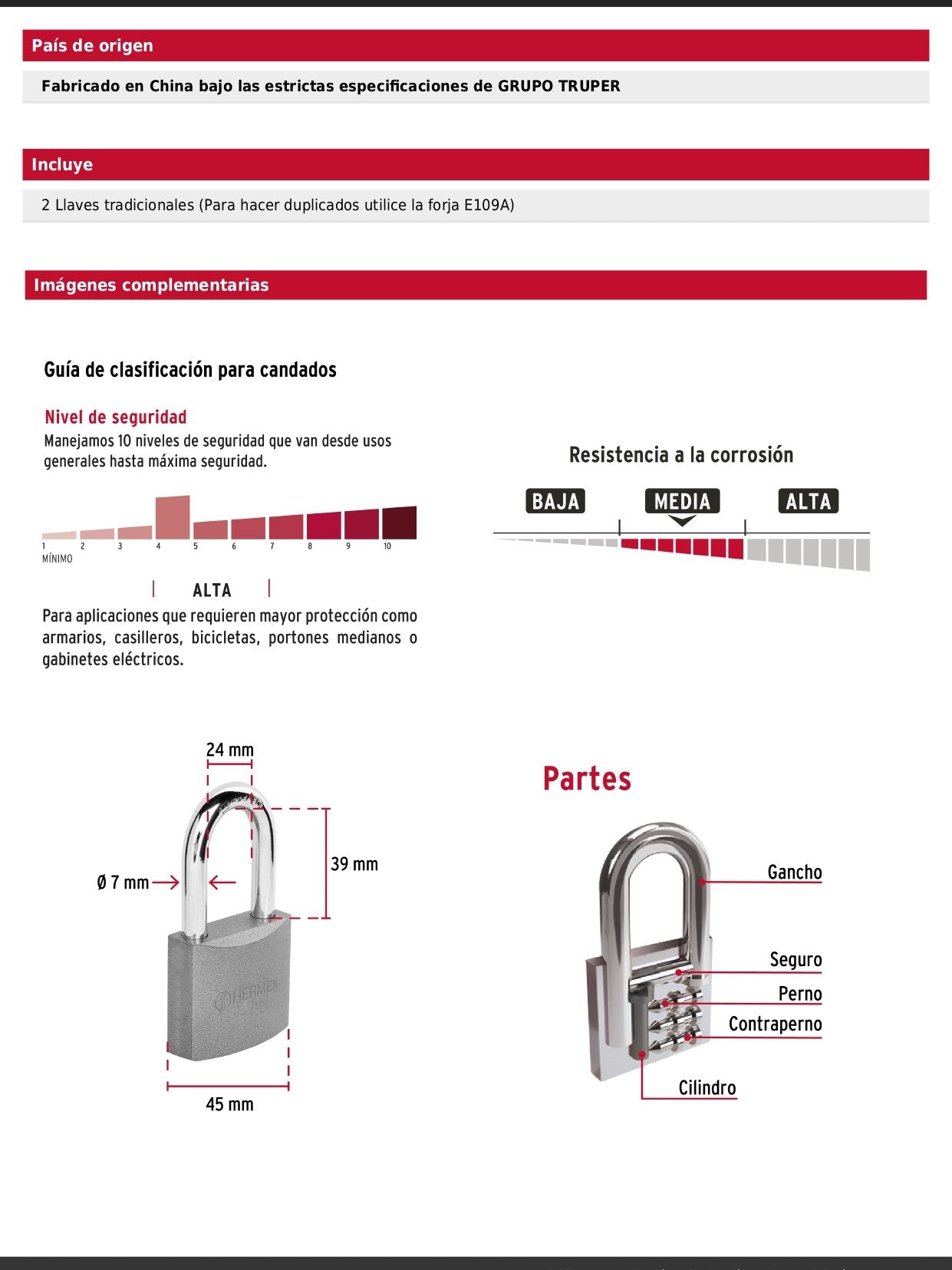 Candado de hierro de 45 mm con gancho largo