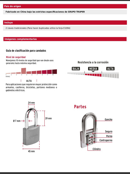 Candado de hierro de 45 mm con gancho largo