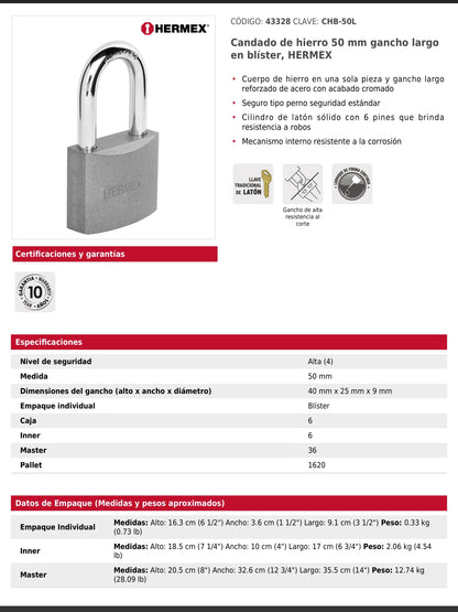 Candado de hierro de 50 mm con gancho largo