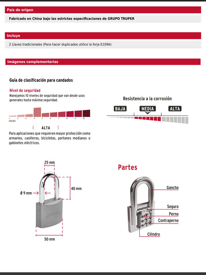 Candado de hierro de 50 mm con gancho largo