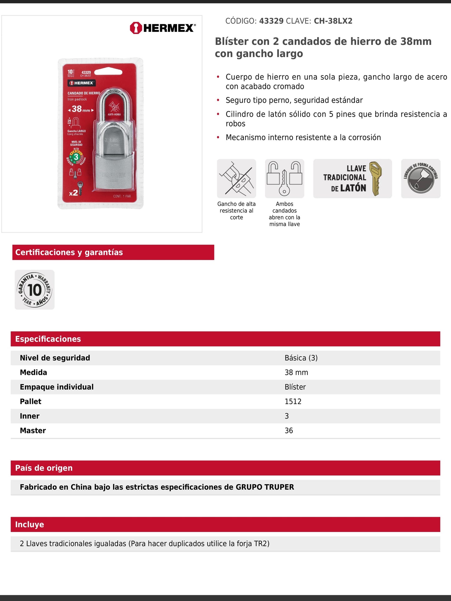 Blíster con 2 candados de hierro de 38 mm con gancho largo