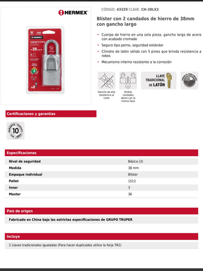 Blíster con 2 candados de hierro de 38 mm con gancho largo