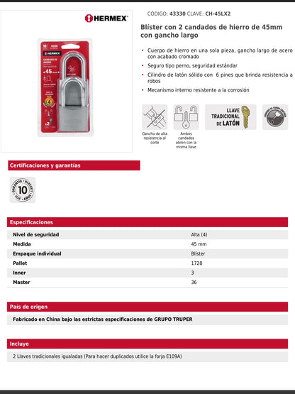 Blíster con 2 candados de hierro de 45 mm con gancho largo