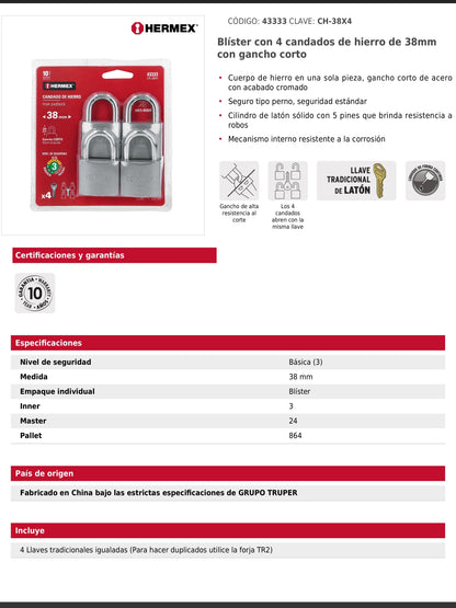 Blíster con 4 candados de hierro de 38 mm con gancho corto