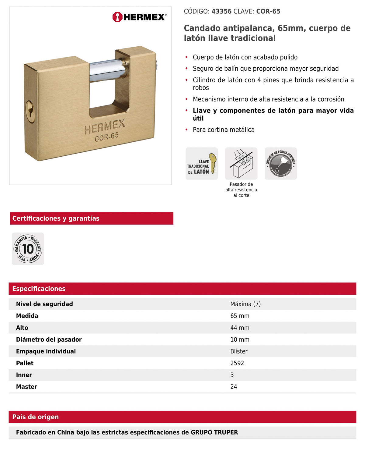 Candado antipalanca 65 mm cuerpo de latón