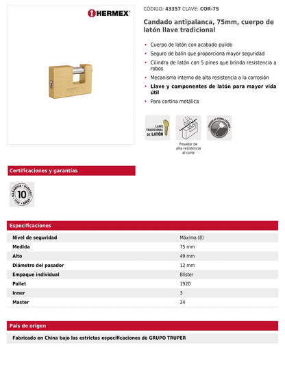 Candado antipalanca 75 mm cuerpo de latón