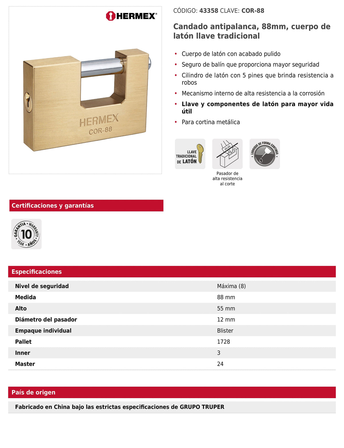 Candado antipalanca 88 mm cuerpo de latón