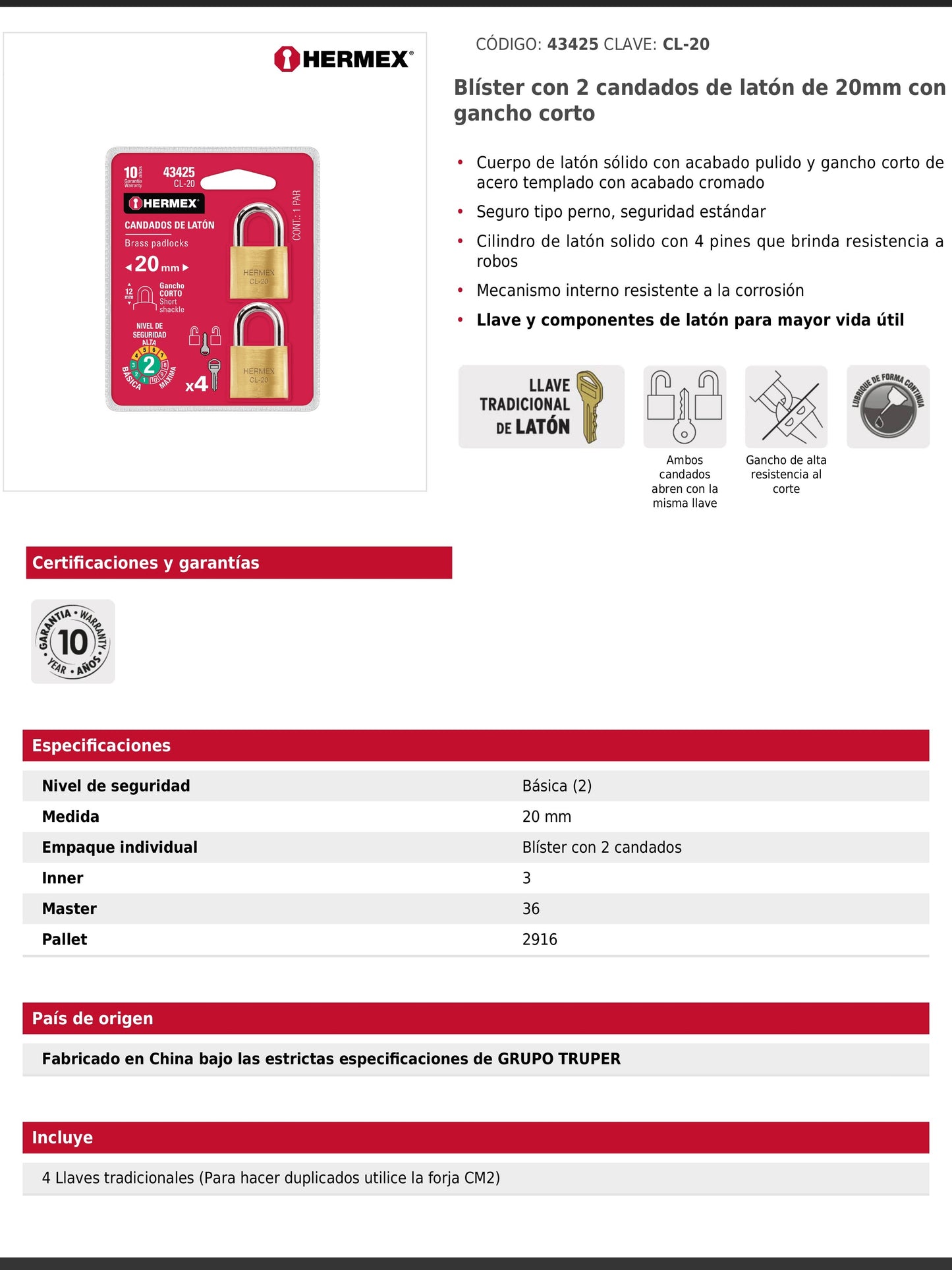 Blíster con 2 candados de latón de 20 mm con gancho corto