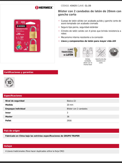 Blíster con 2 candados de latón de 20 mm con gancho corto