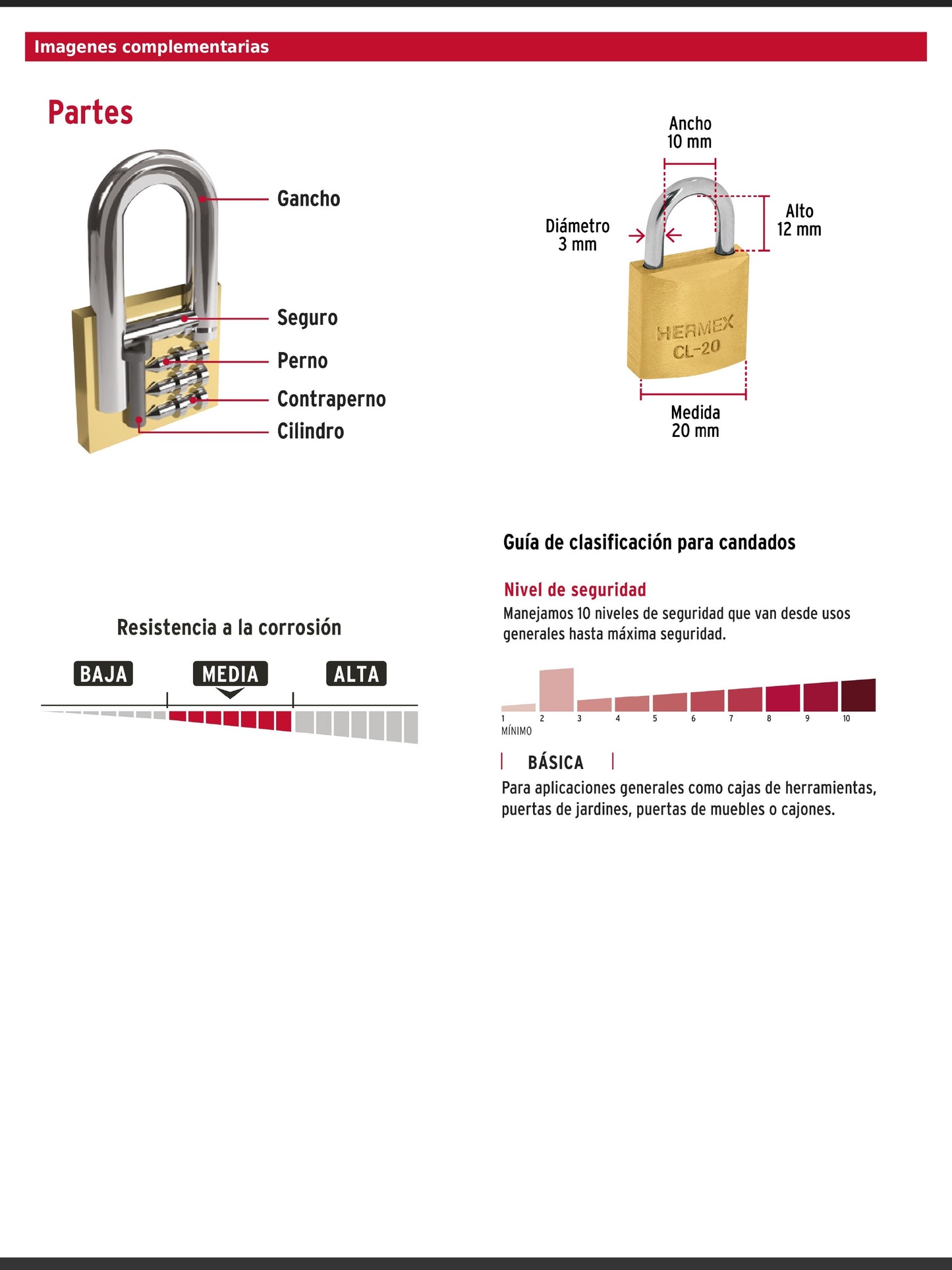Blíster con 2 candados de latón de 20 mm con gancho corto